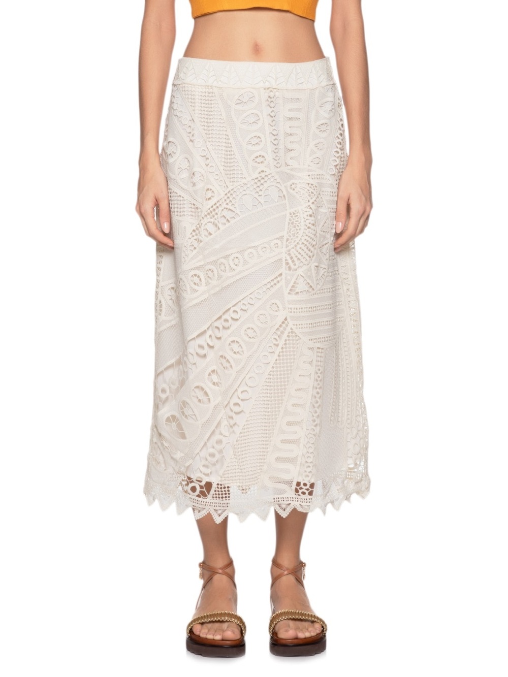 Farm Rio Guipure Lace Midi Skirt Pineapple Design White Small Tropical Floral